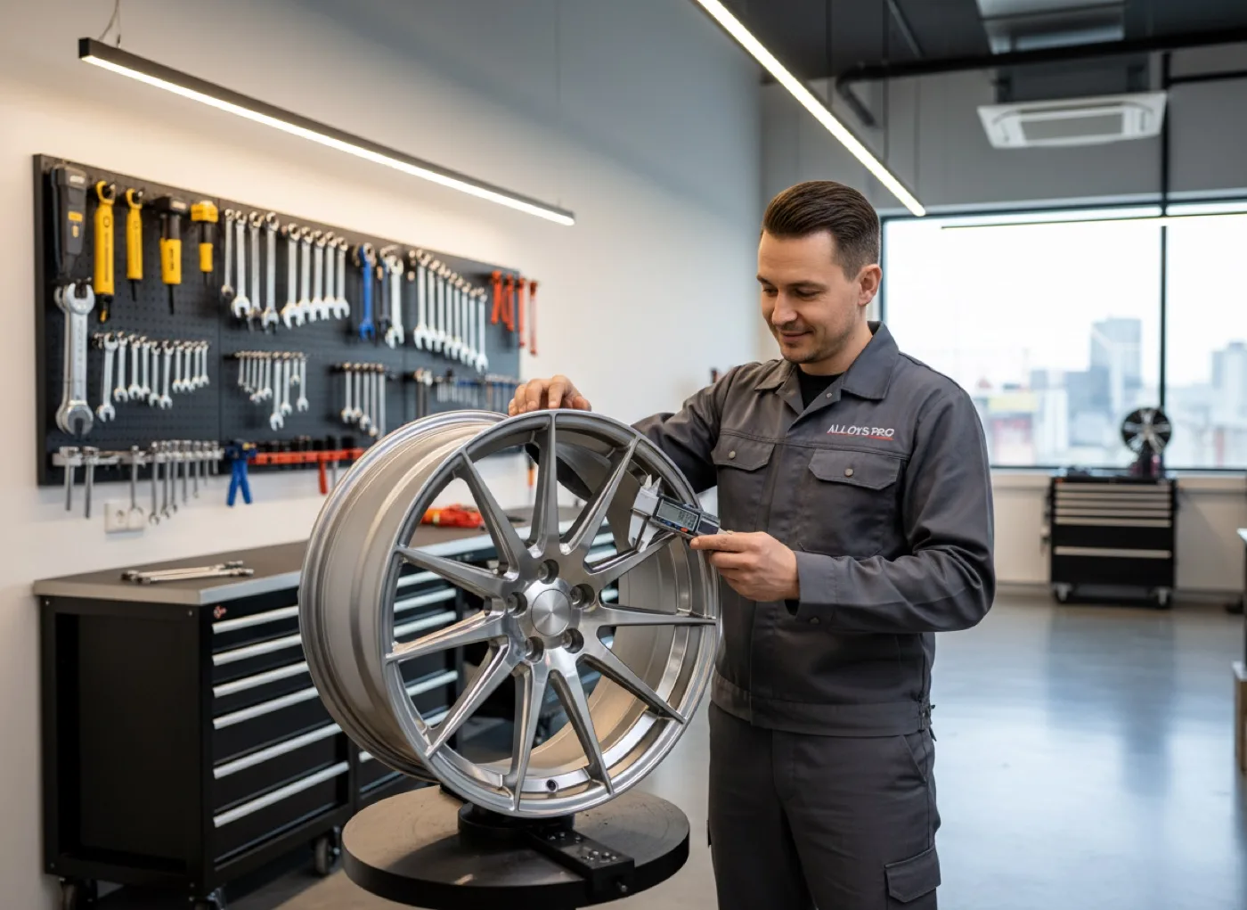 Wheel specialist inspecting a refinished alloy wheel in the studio