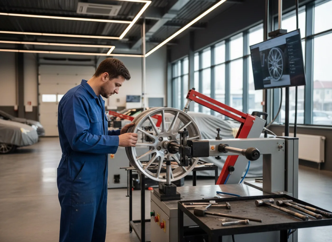 Technician truing an alloy wheel on a CNC wheel lathe